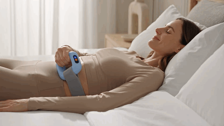 Woman relaxing at home while using the Fascia Ring around her waist